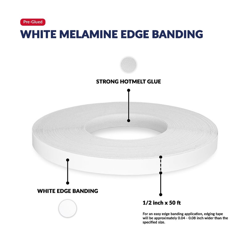 UNMAR White Melamine Edge Banding 1/2 inch x 50 feet Iron On Adhesive Edging Cabinet Repair Laminate Shelf Table Plywood Mdf Board Furniture Formica Countertop Pre Glued Flexible Strip Wood Veneer Tape Trim - Image 2